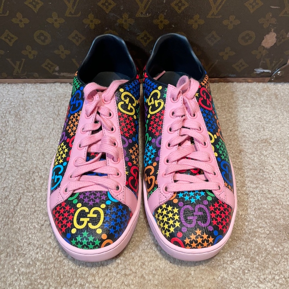 GUCCI $720 PSYCHEDELIC ACE GG LOGO SUPREME LEATHER SHOES Limit Ed Sz 36